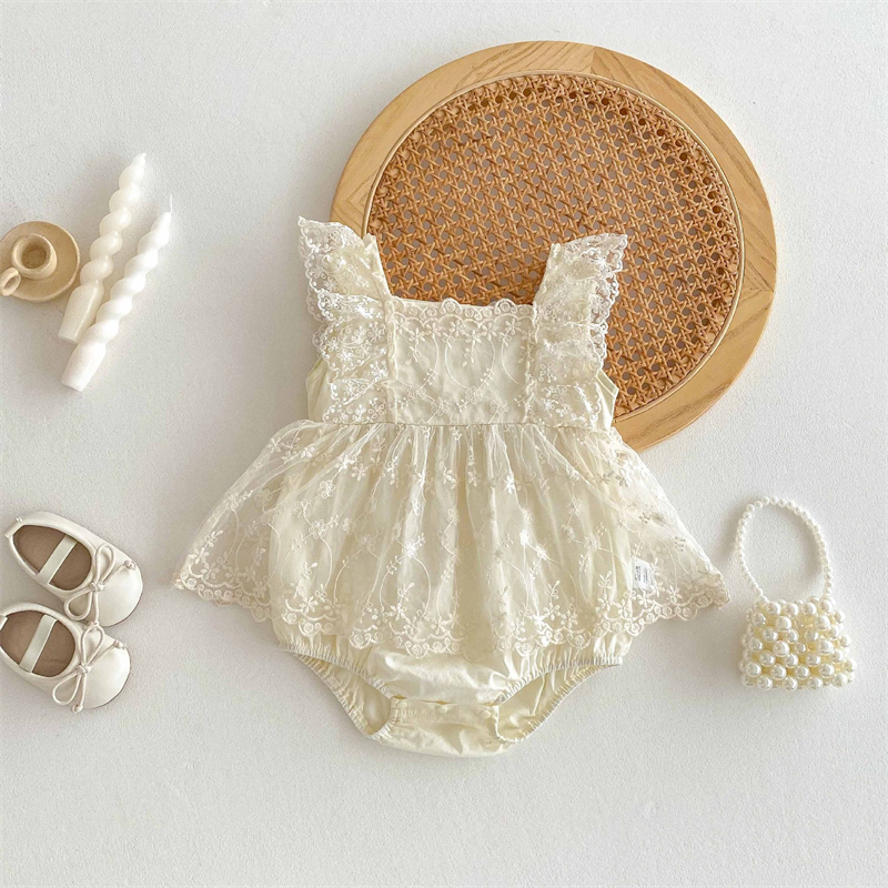 ベビードレス 女の子用スクエアネック総レース付きロンパース夏新作