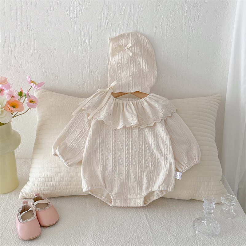 ベビードレス 帽子付きラッフルカラーロンパース女の子用可愛いベビー服