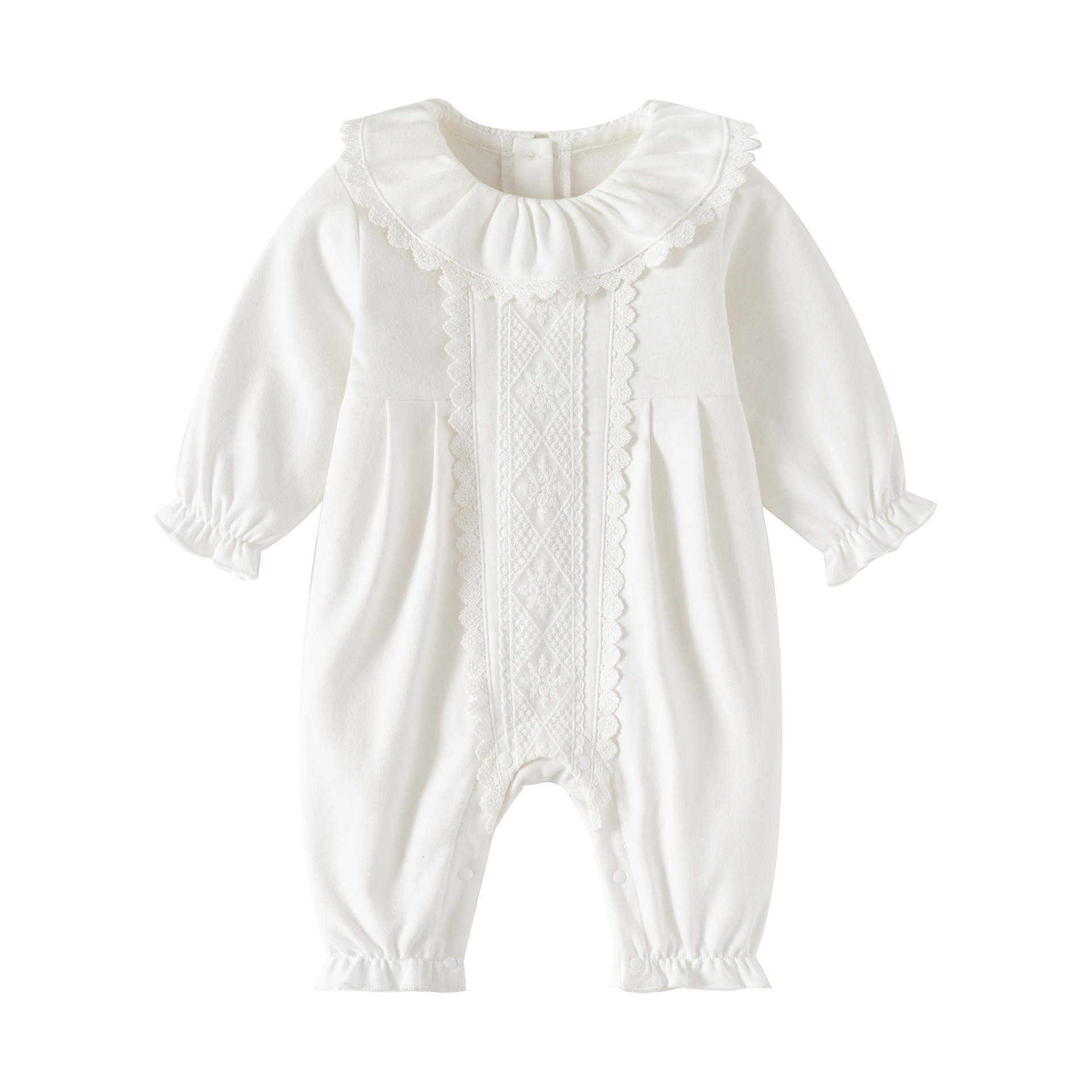 襟元レース付き長袖退院用ベビードレス