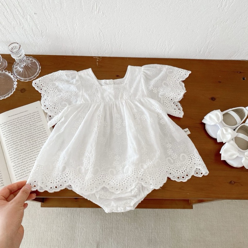 子供用白いレース刺繍ワンピース半袖ベビードレス