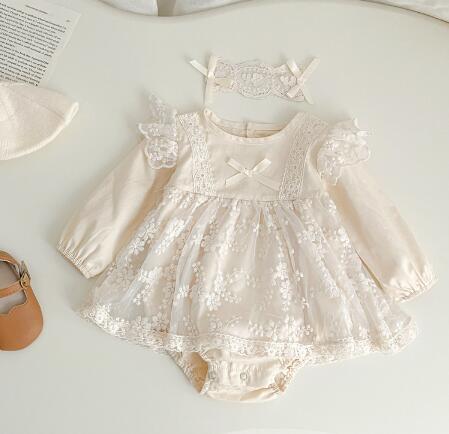ベビードレス 新生児レースロンパースドレス カチューシャセット