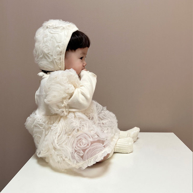 薔薇柄レースベビードレス 帽子付き 女の子 長袖