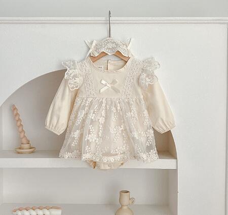 ベビードレス 新生児レースロンパースドレス カチューシャセット