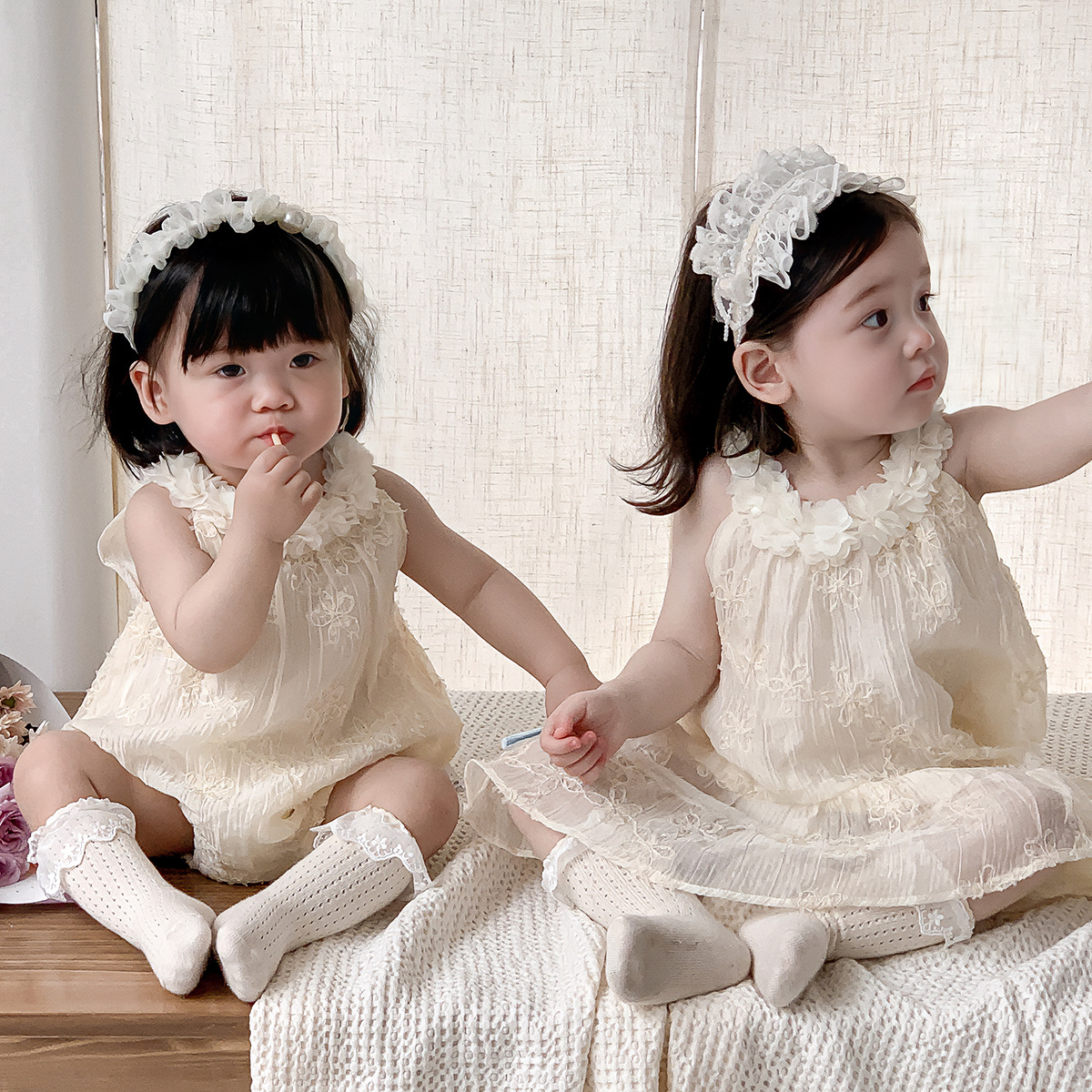 ベビードレス 姉妹コーデ ホワイト バースデーベビードレス 女の子 お祝い会 姉妹コーデ 春夏秋 70cm~100cm