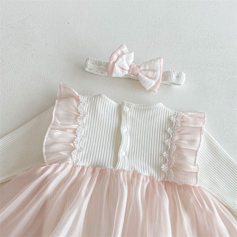 春新作 女の子用 リブ切り替え チュール ベビードレス 結婚式