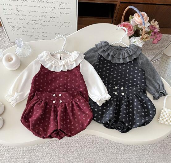 新作ベビードレス3点セット フリル襟ブラウス ジャンパースカート ブルマ 結婚式