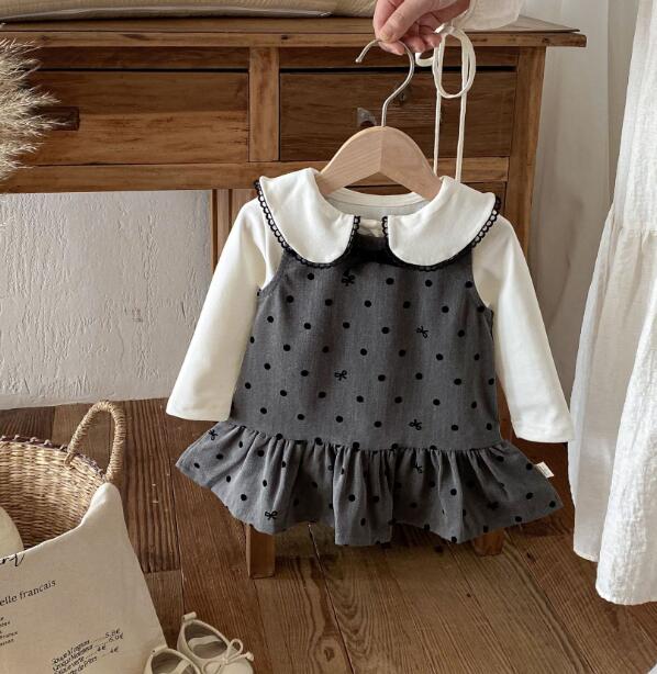 新作ベビードレス ドット柄ワンピース+襟付きインナーセット