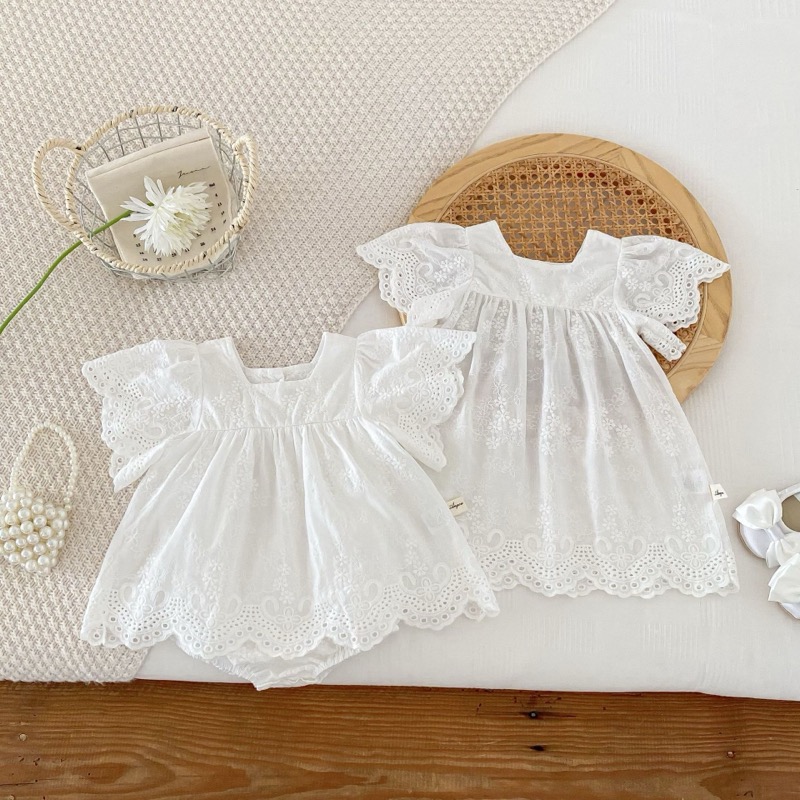 子供用白いレース刺繍ワンピース半袖ベビードレス