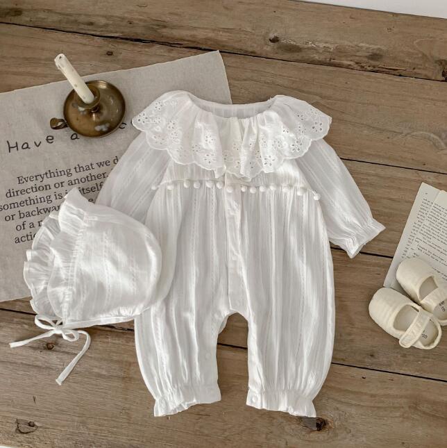 上品レース襟付き連体服 白いベビードレス帽子セット お宮参り