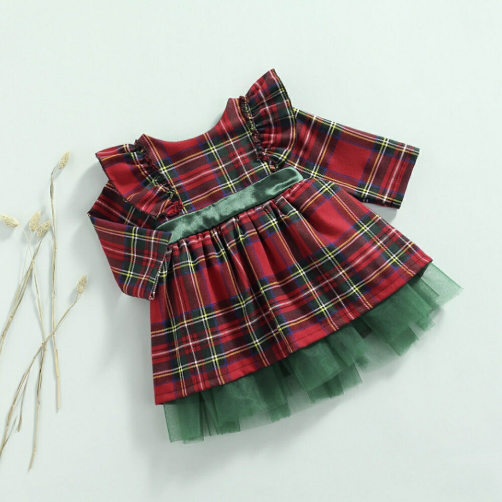 クリスマス女の子チェック柄ベビードレス長袖リボン付き