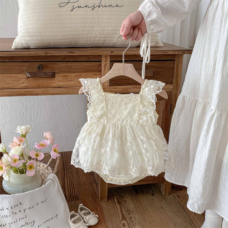 ベビードレス 女の子用スクエアネック総レース付きロンパース夏新作