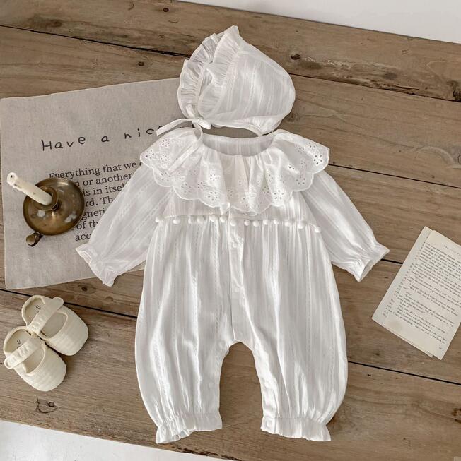 上品レース襟付き連体服 白いベビードレス帽子セット お宮参り