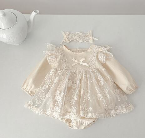 ベビードレス 新生児レースロンパースドレス カチューシャセット