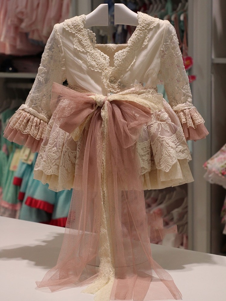 春の花柄レース ベビードレス プリンセス風 長袖 女の子用