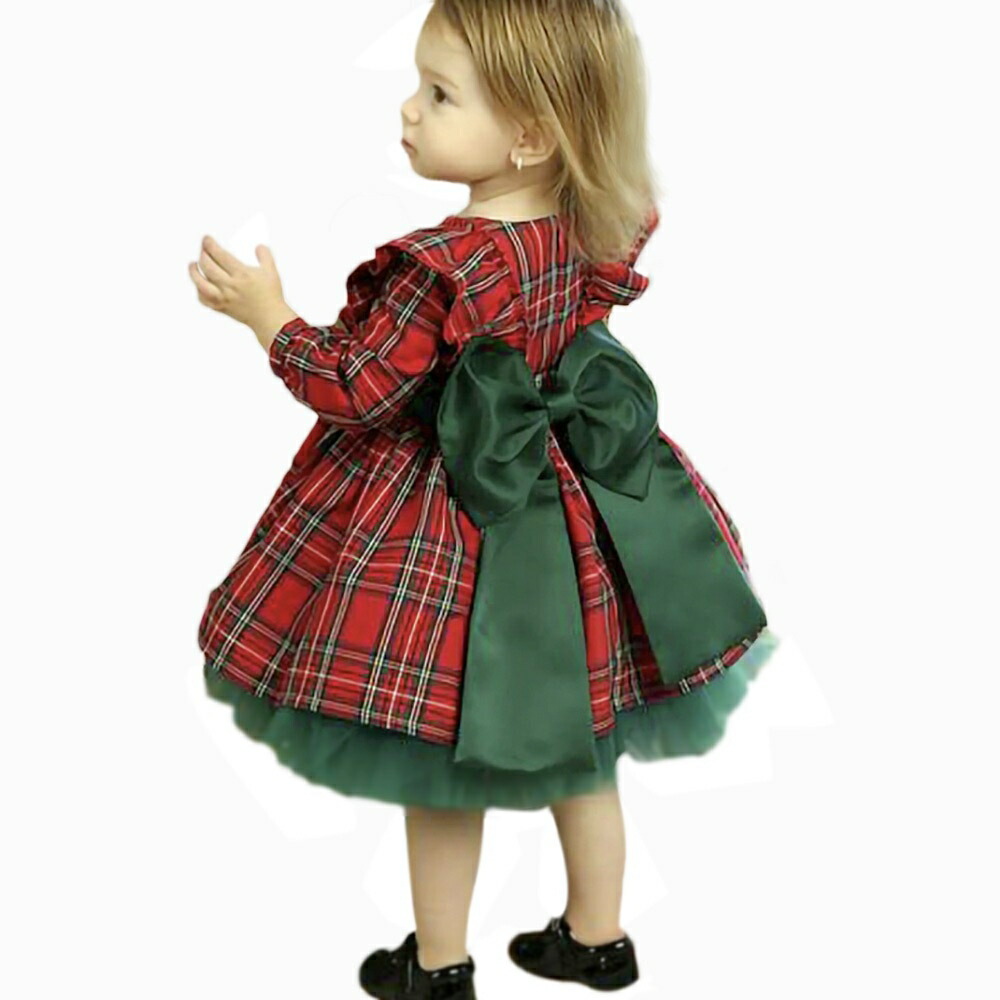 クリスマス女の子チェック柄ベビードレス長袖リボン付き