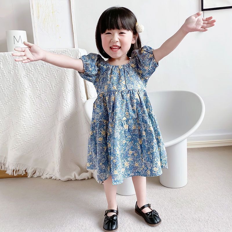 ベビードレス 小花柄 パフスリーブドレス 背中リボン付き 結婚式 90〜110cm
