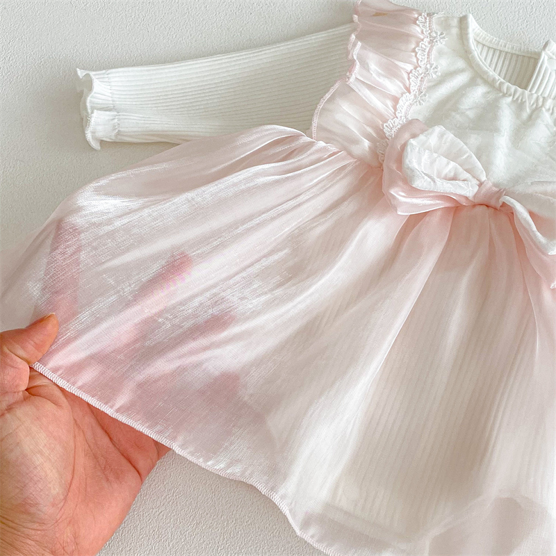 春新作 女の子用 リブ切り替え チュール ベビードレス 結婚式