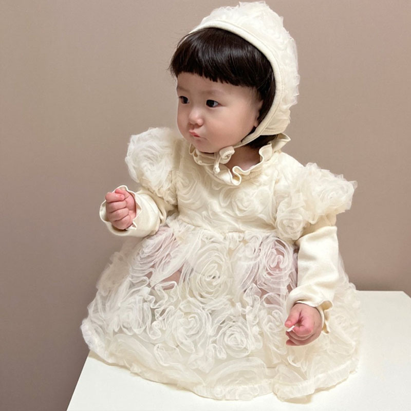 薔薇柄レースベビードレス 帽子付き 女の子 長袖