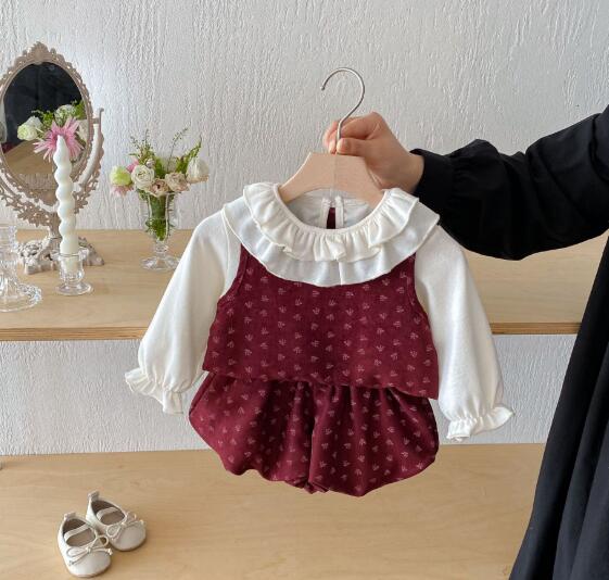 新作ベビードレス3点セット フリル襟ブラウス ジャンパースカート ブルマ 結婚式