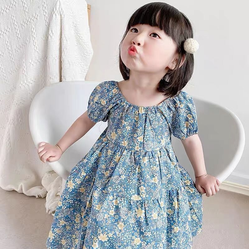 ベビードレス 小花柄 パフスリーブドレス 背中リボン付き 結婚式 90〜110cm