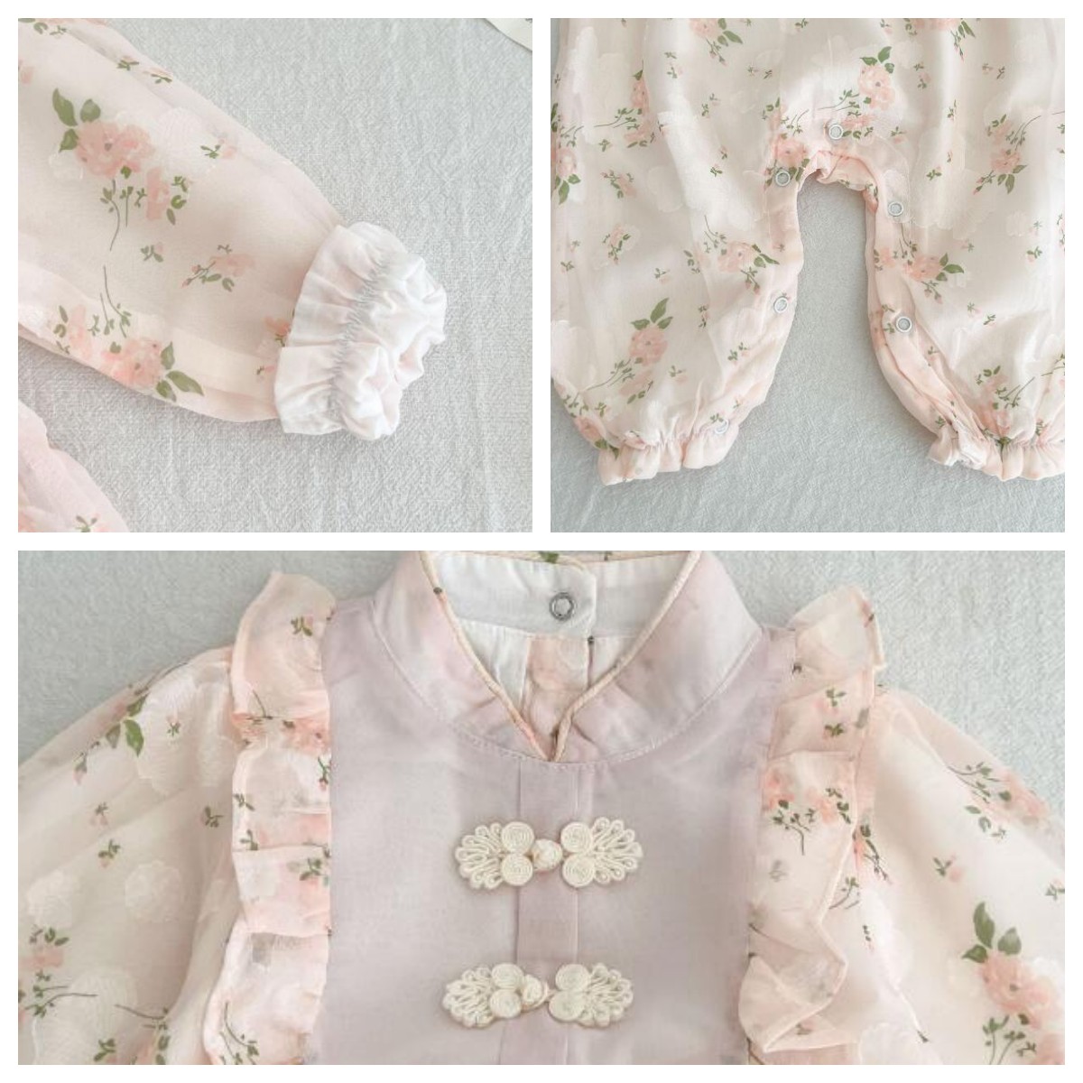 ベビードレス 花柄刺繍ベビーチャイナドレス風ロンパース