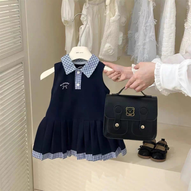 ベビードレス 格子柄襟と裾が映える ノースリーブベビードレス 結婚式 90〜110cm