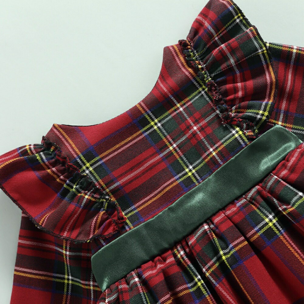 クリスマス女の子チェック柄ベビードレス長袖リボン付き