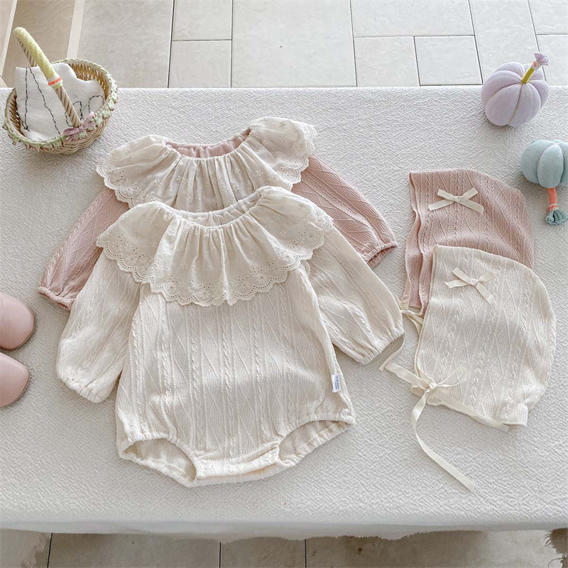 ベビードレス 帽子付きラッフルカラーロンパース女の子用可愛いベビー服