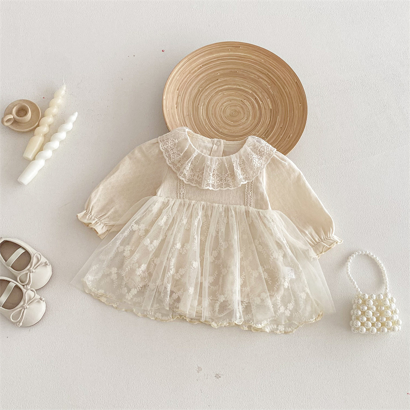 春新作 女の子 レース襟 長袖ベビードレス 結婚式