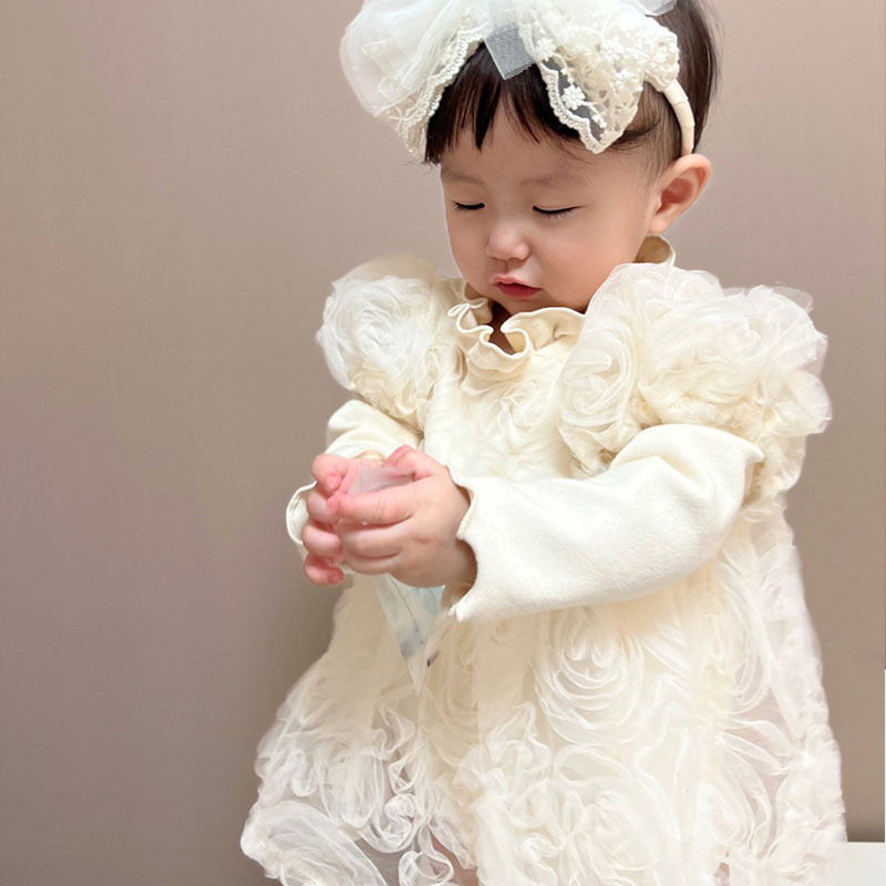 薔薇柄レースベビードレス 帽子付き 女の子 長袖