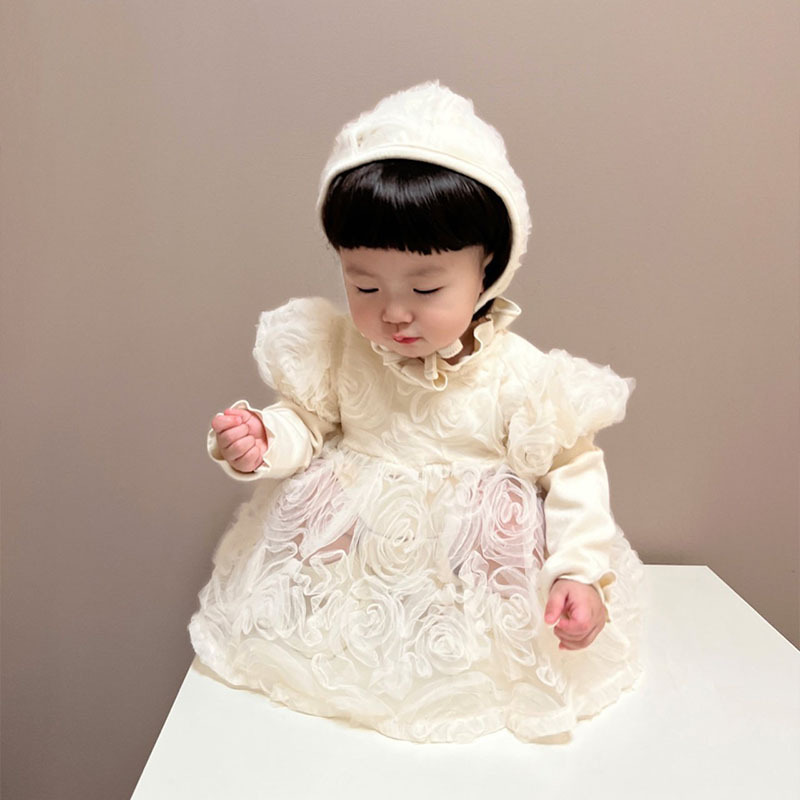 薔薇柄レースベビードレス 帽子付き 女の子 長袖