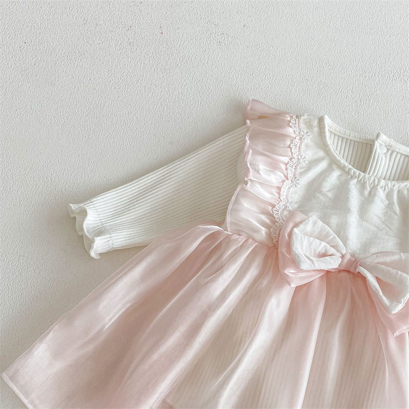 春新作 女の子用 リブ切り替え チュール ベビードレス 結婚式