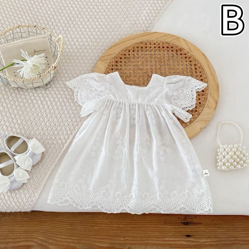 子供用白いレース刺繍ワンピース半袖ベビードレス