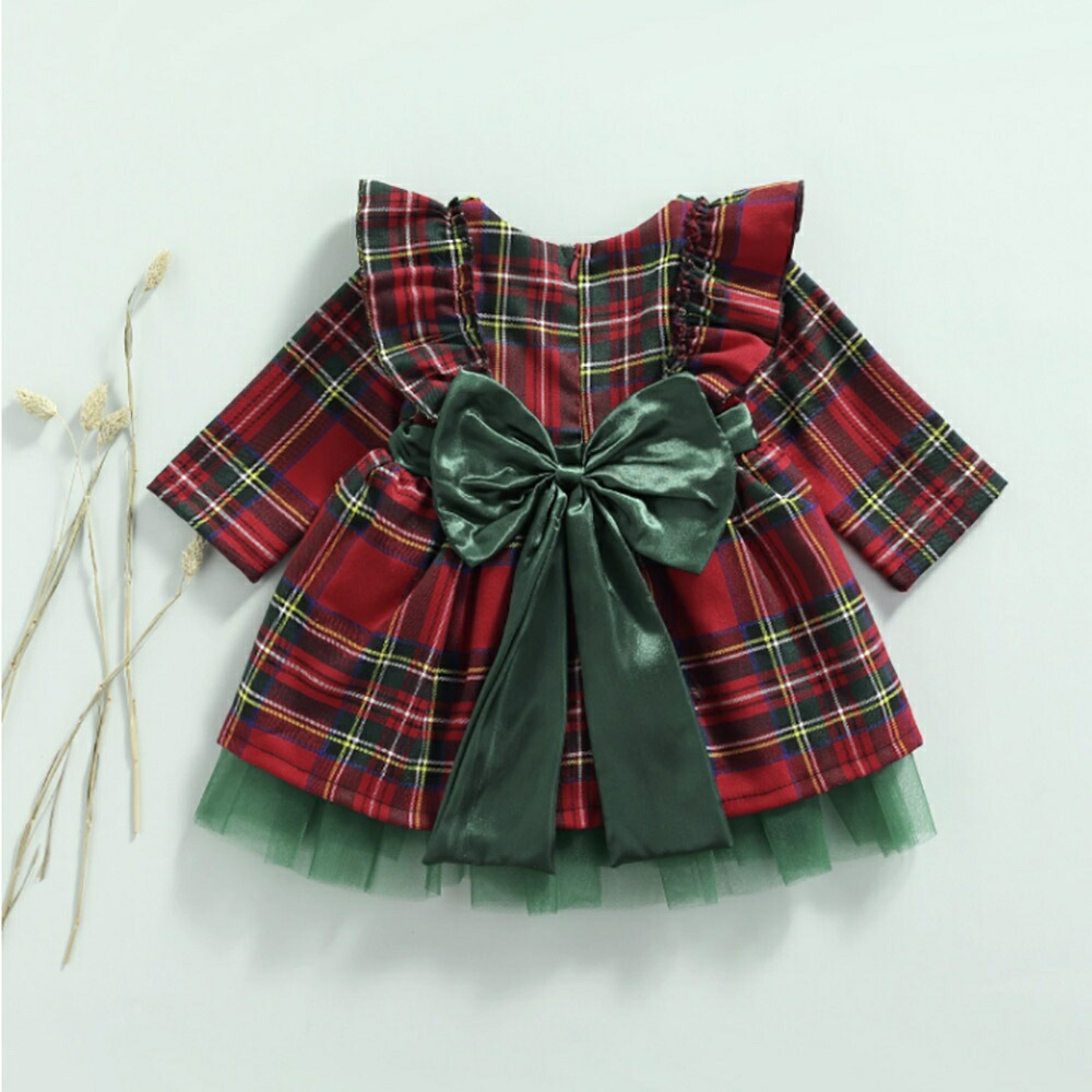 クリスマス女の子チェック柄ベビードレス長袖リボン付き
