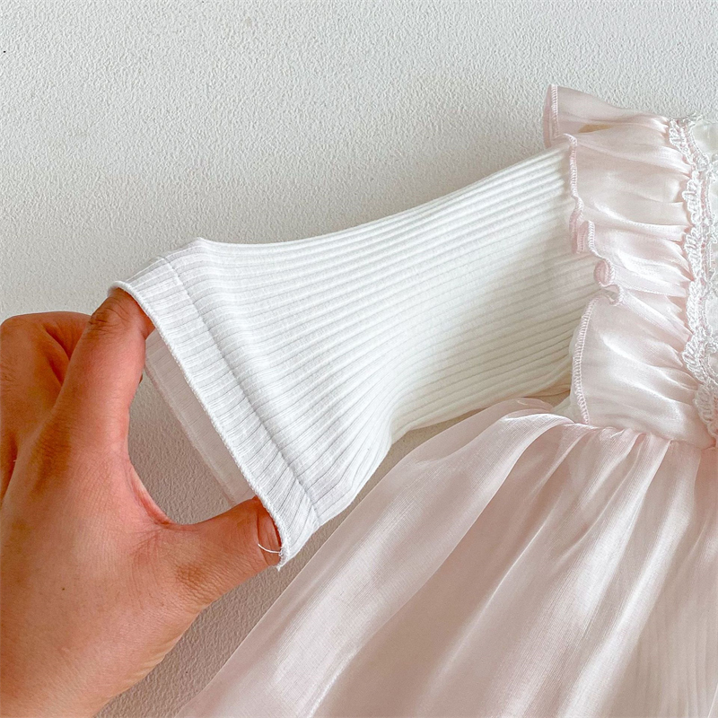 春新作 女の子用 リブ切り替え チュール ベビードレス 結婚式