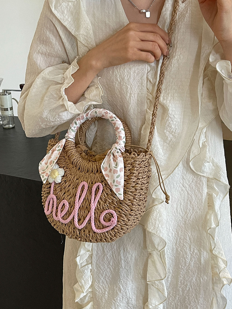 ショルダーバッグレディース 花刺繍付き丸型ミニかごバッグ
