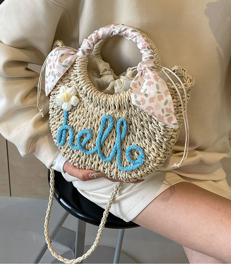 ショルダーバッグレディース 花刺繍付き丸型ミニかごバッグ