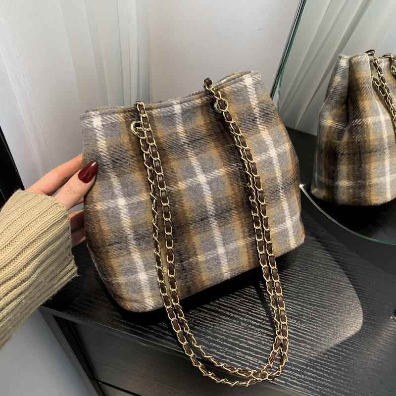 ショルダーバッグレディース 上品チェック柄チェーンバッグ