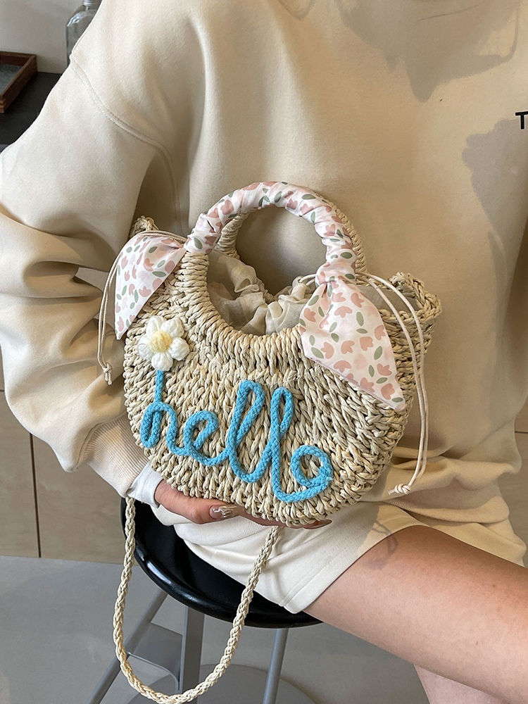 ショルダーバッグレディース 花刺繍付き丸型ミニかごバッグ