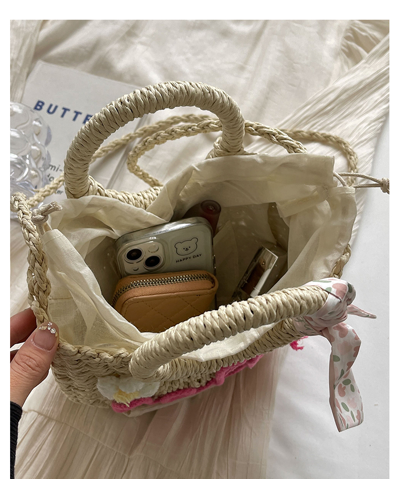 ショルダーバッグレディース 花刺繍付き丸型ミニかごバッグ