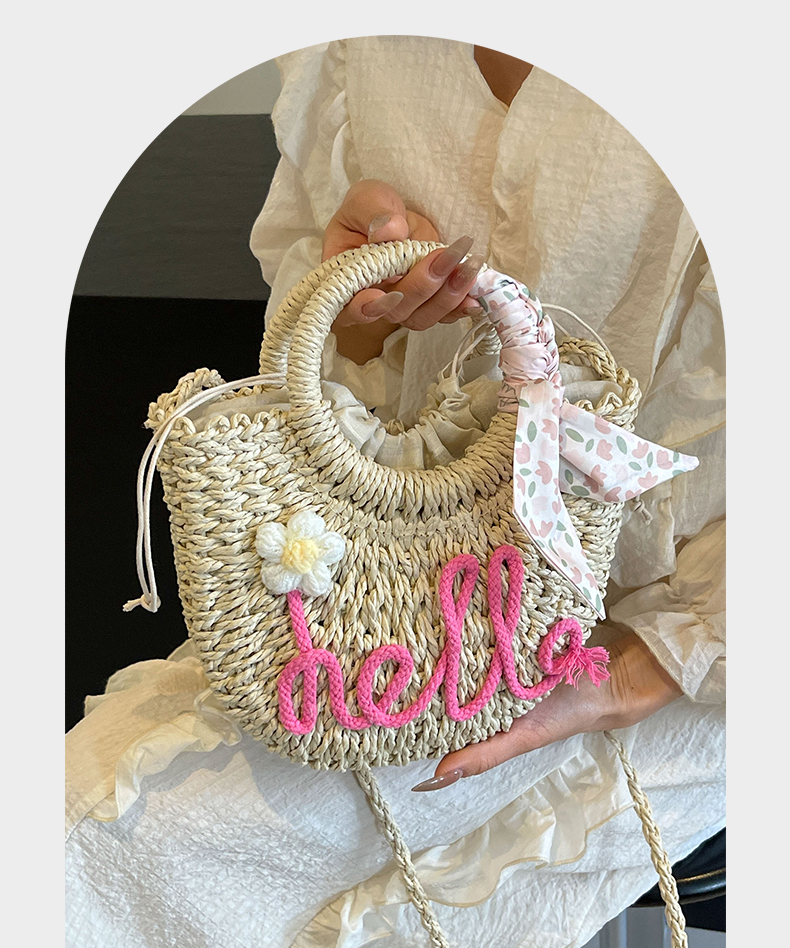 ショルダーバッグレディース 花刺繍付き丸型ミニかごバッグ