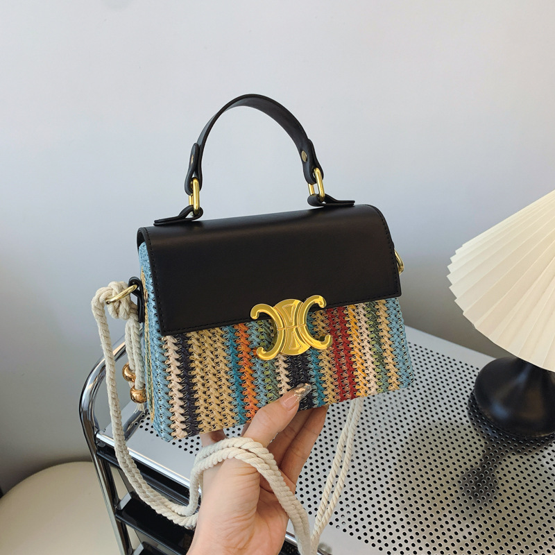 ショルダーバッグレディース レトロ調カゴ素材コンビミニバッグ