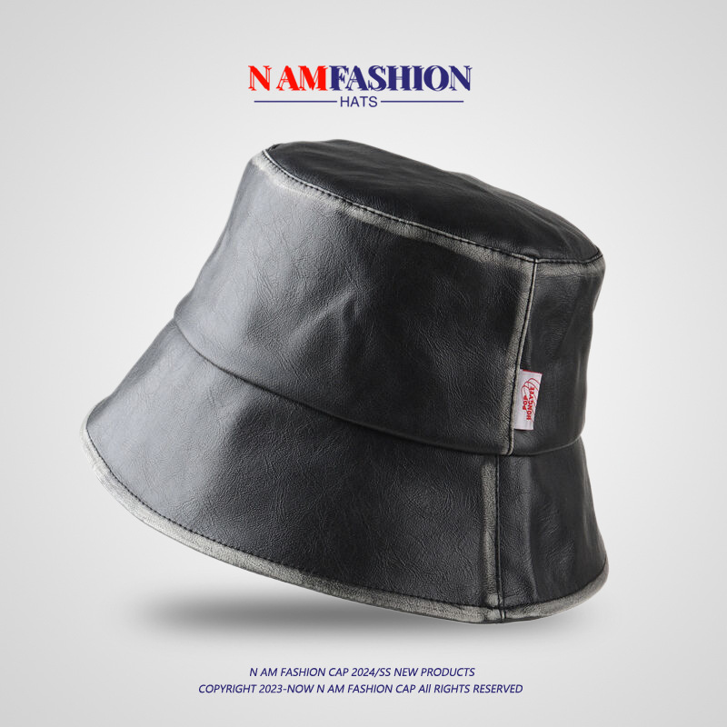 バケットハット 本革仕立て 上質 縫製デザイン レザー調バケットハット