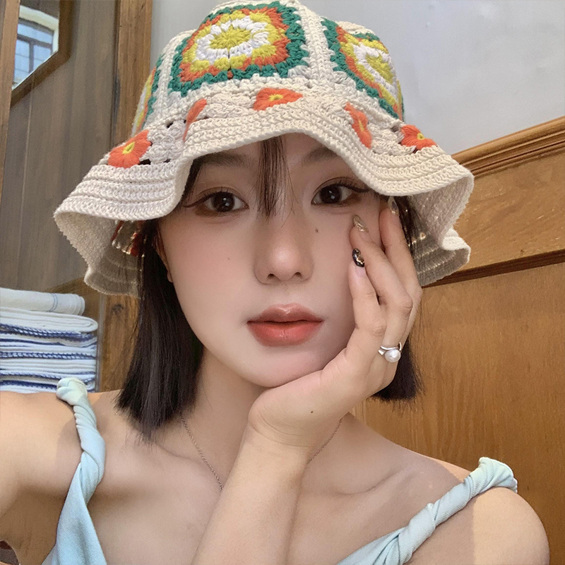 バケットハット 編み物花柄バケットハット レディース 韓国風帽子