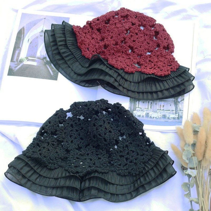 バケットハット 透かし編み 花模様 かぎ針編み フリル つば広 編み物バケットハット