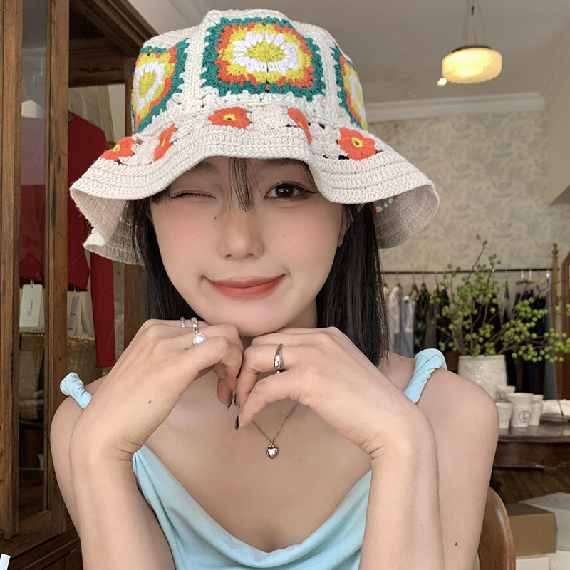 バケットハット 編み物花柄バケットハット レディース 韓国風帽子