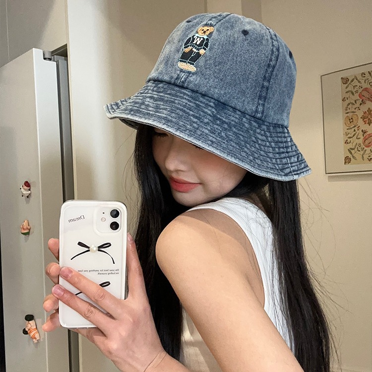 バケットハット ワッペン付き くま 可愛い デニムバケットハット