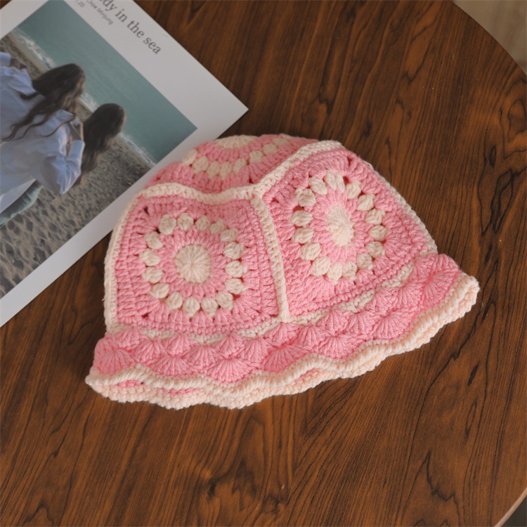 バケットハット 手編み編み物バケット帽 レトロ風つば付きニット帽 保温通気性抜群