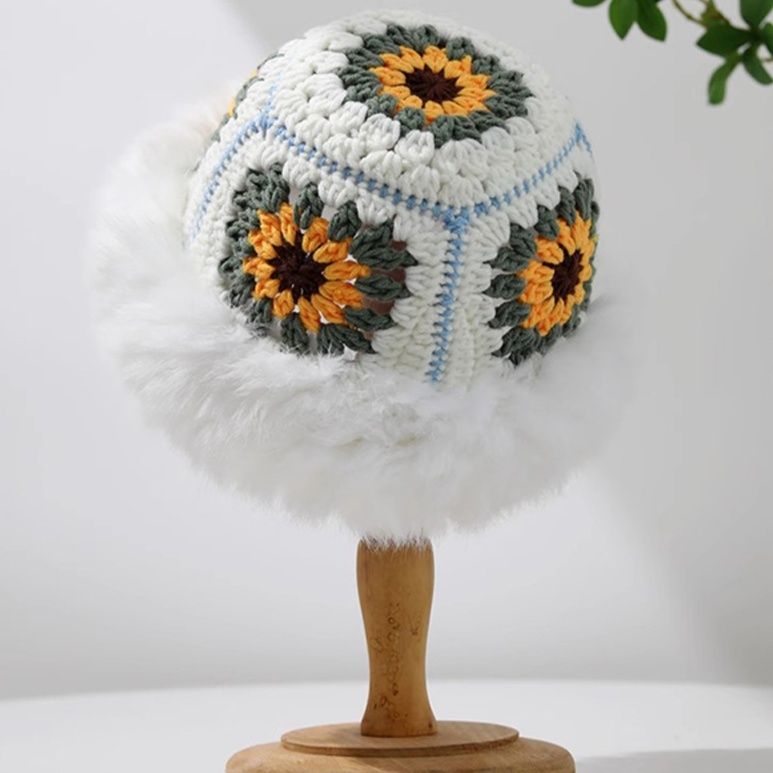 バケットハット 花模様ファー縁取りバケットハット