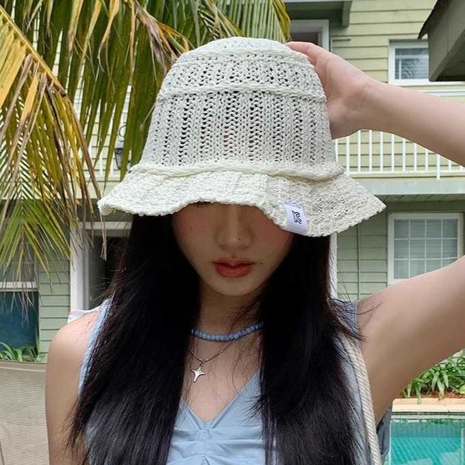 手編み風バケットハット 韓国風レディース帽子 春夏編み物
